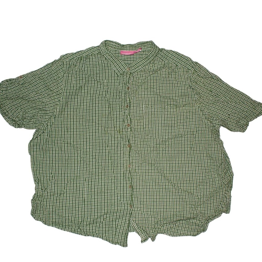 Woman Within Sz 5XL Green White Checkered Short Sleeve Button Down Casual Shirt